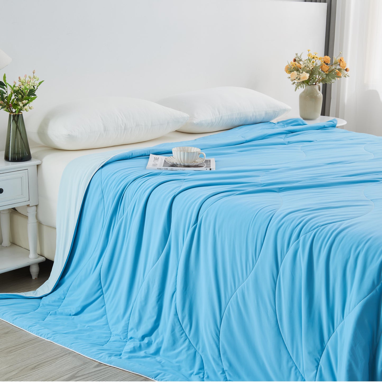 APSMILE Silk Cooling Comforter, Q-Max>0.4, Dual-Sided Cooling Fabric, Breathable Lightweight Blanket for Hot Sleepers and Night Sweaters, Blue