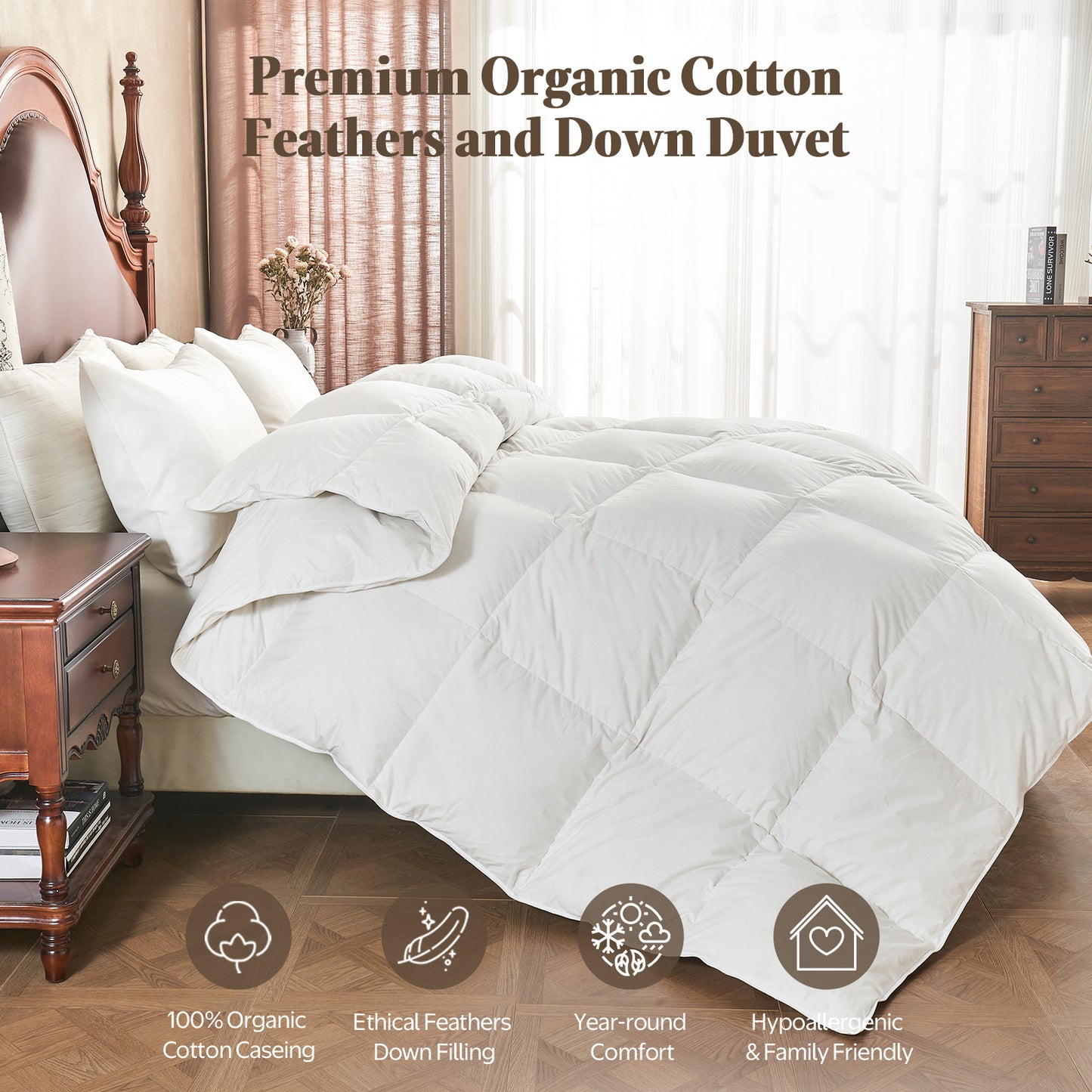 APSMILE Feathers Down Comforter Soft 100% Organic Cotton Cover Bed Comforter All Season Duvet Insert,White