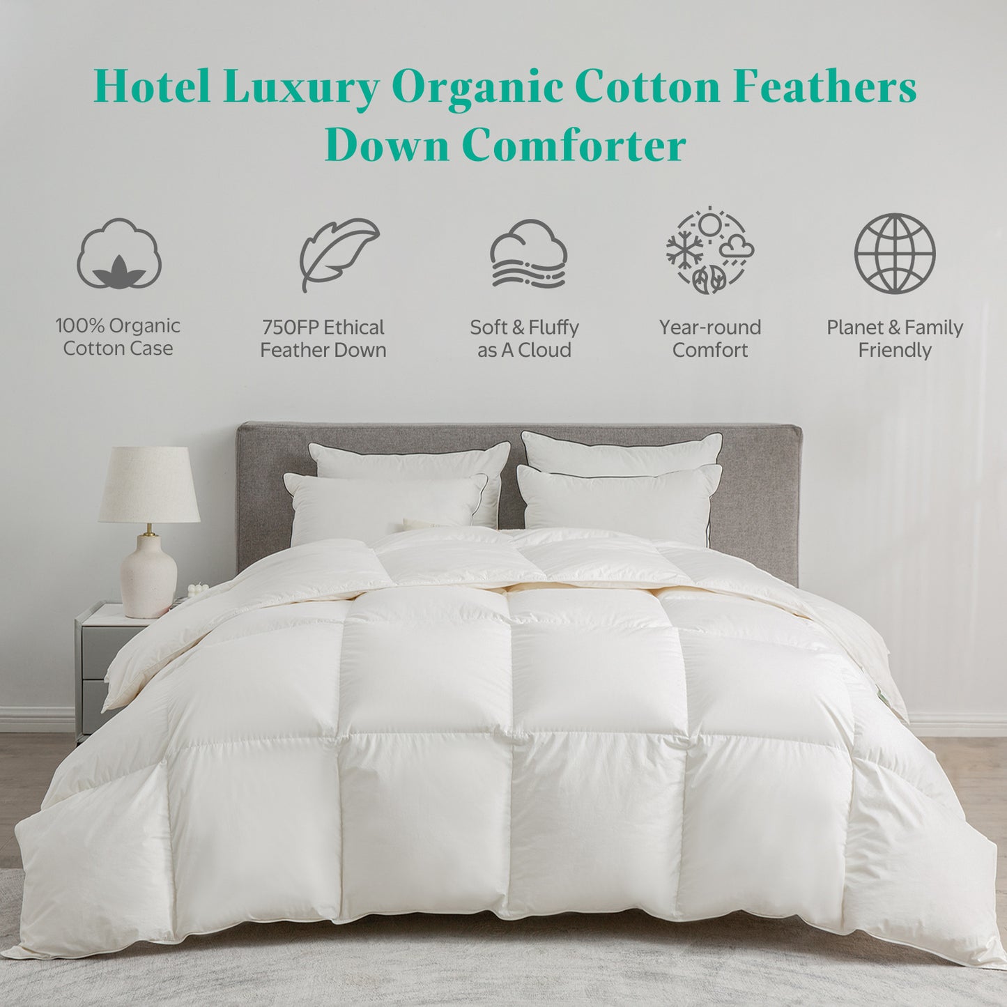 APSMILE Goose Feather Down Comforter,100% Organic Cotton All Season Down Duvet,750 FP Duvet Insert Medium Warmth Bed Comforter(Ivory White)