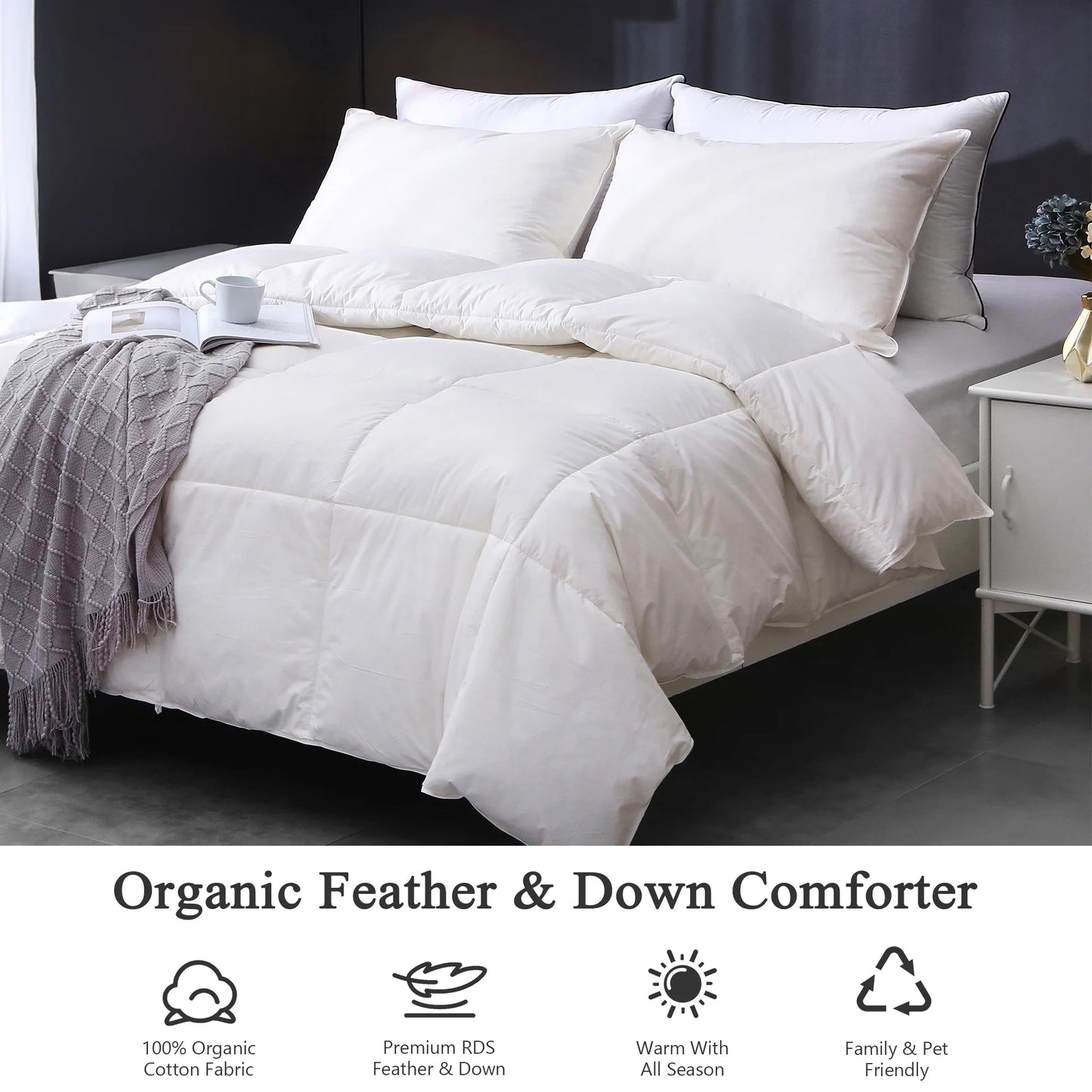 APSMILE Feathers Down Comforter Soft 100% Organic Cotton Cover Bed Comforter All Season Duvet Insert,White