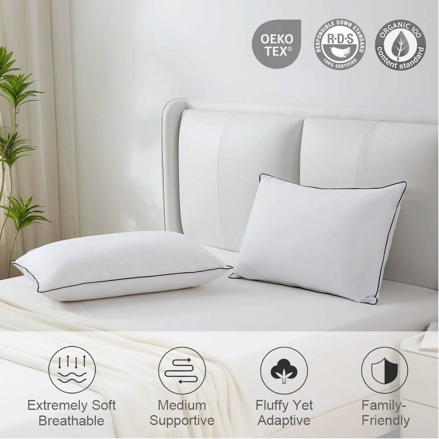 APSMILE Goose Feathers Down Pillows Set of 2, 100% Organic Cotton Cover Medium Support Pillow Inserts, Hotel Quality Fluffy Bed Pillow,White