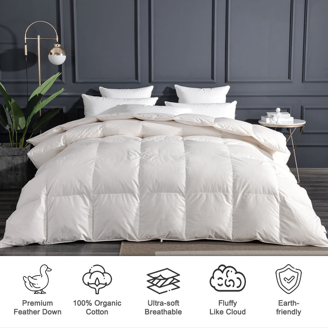 Luxury 100% Organic Cotton Goose Feathers Down Comforter -Lightweight, All-season, and Winter-weight 750FP Down Duvet Insert Available